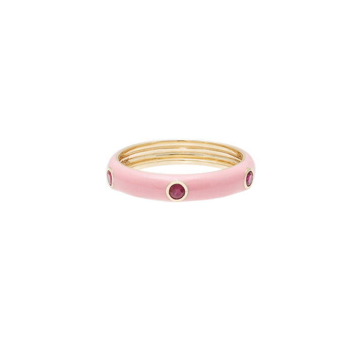 14K Gold and Pink Enamel Three Ruby Ring