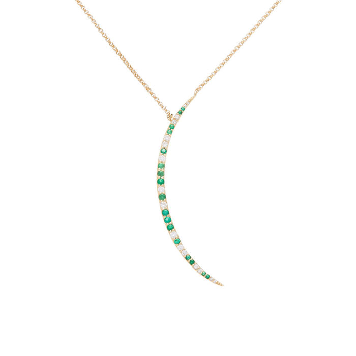 14K Gold , Emerald and Diamond Crescent Necklace