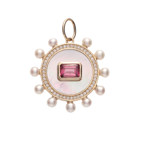 14K Gold and Diamond Solitaire Pink Tourmaline Mother of Pearl Charm