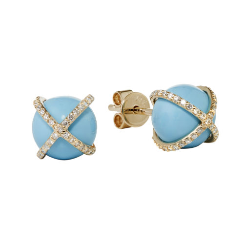 14K Diamond Caged Turquoise Stud Earring