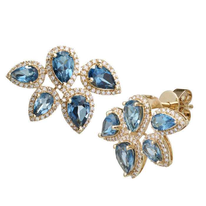 14K Diamond London Blue Topaz Cluster Stud Earring
