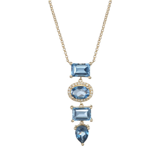 14K Diamond London Blue Topaz Four Tier Drop Necklace