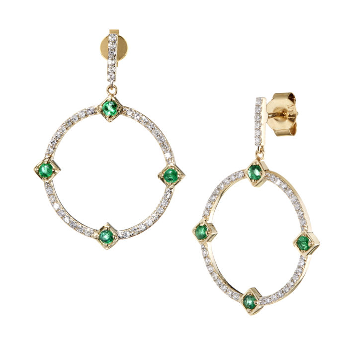 14K Diamond Emerald Circle Earrings