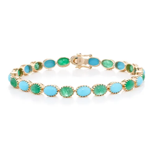 14K Cabochon Emerald & Sleeping Beauty Turquoise Bracelet