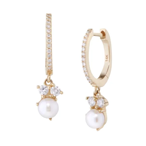 14K Diamond Pearl Huggie Earring