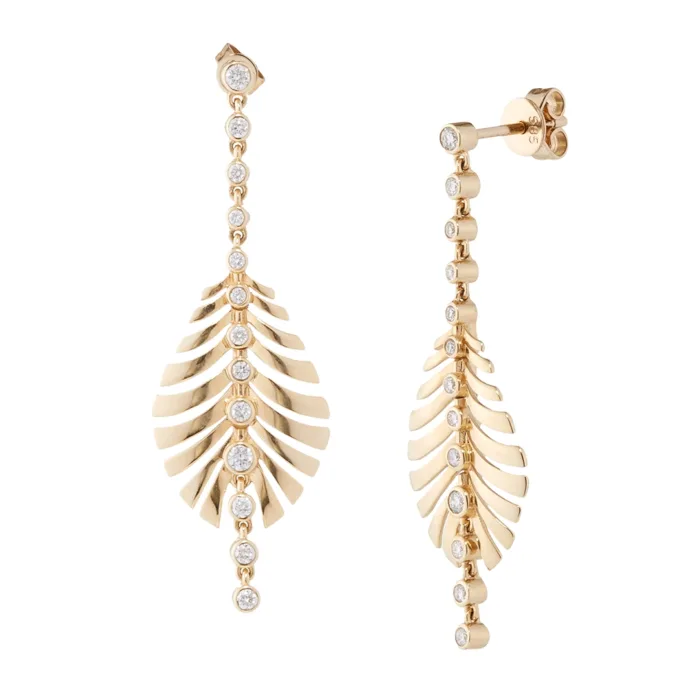 14K Feather Earring with Bezeled Diamonds