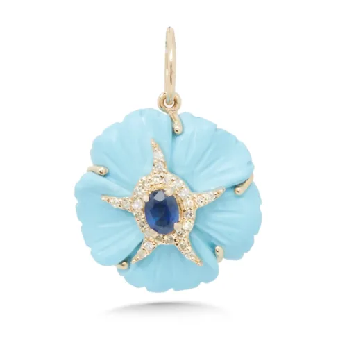 14K Carved Turquoise Diamond Sapphire Flower Charm
