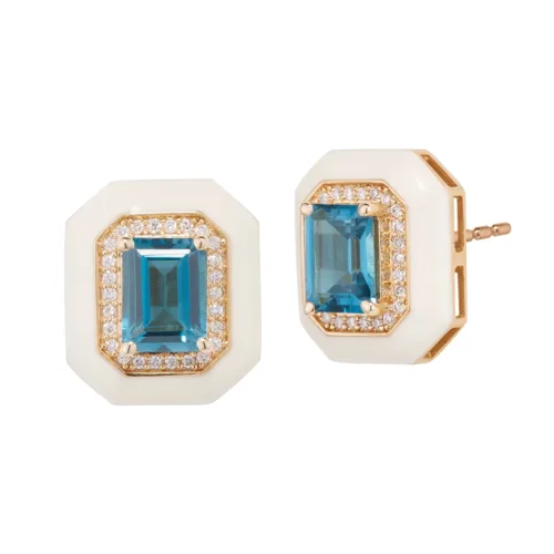 14K Diamond Enamel London Blue Topaz Earring