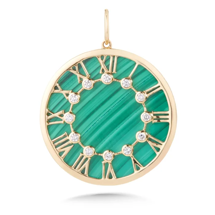14K Diamond Malachite Clock Charm