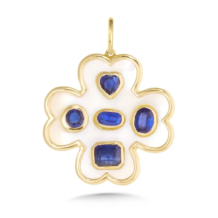 14K Blue Sapphire Mother Of Pearl Clover Charm